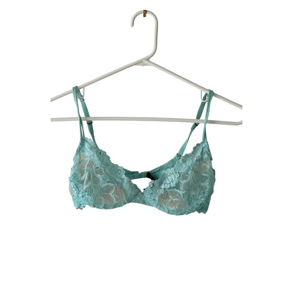 Josie Natori Blue Floral Race Underwire Bra Semi Sheer Balconette Half Cup 34C